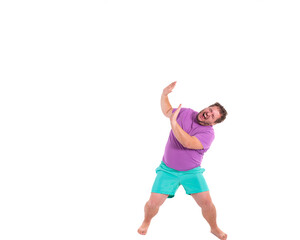 Funny fat man and fitness. White background.