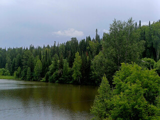 Scenic lake surrounded by lush green forest in a tranquil setting near dusk