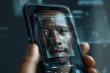 Close-up of facial recognition interface scanning a person’s face on a mobile phone screen, tech overlays visible, 