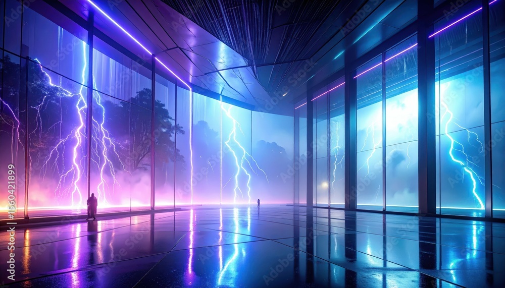Poster misty atrium with neon reflections and lightning display