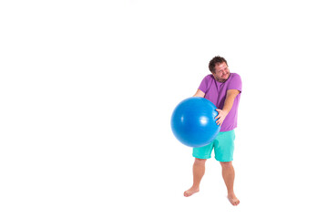 Funny fat man and fitness. White background.