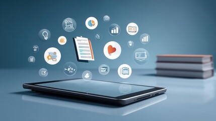 Tablet with Floating Icons and Books