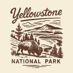 Yellowstone National Park Buffalo with Mountain and River Landscape Vintage Design © hafizh