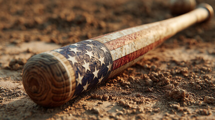 Close-up of a baseball bat featuring the American flag symbol, sports equipment detail, patriotic design, wooden texture, perfect for baseball, sport, and national themes.