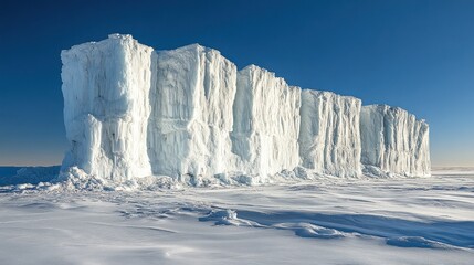 Majestic Ice Wall in a Frozen Landscape Under a Blue Sky