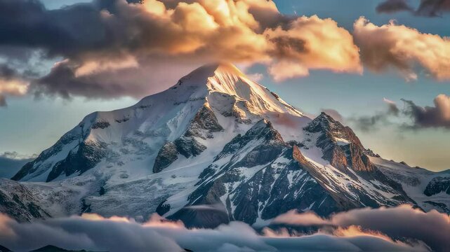 Guardians of the sky: snow-capped peaks surrounded by clouds and sunset gold