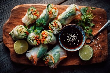 Sommerrollen vietnamesische Reispapierrollen vegan gefüllt mit Gemüse frischer Snack asiatisch gesund Fingerfood leichtes Gericht Summer Rolls mit Dip Foodfotografie Streetfood Bowlgericht Frischeküch