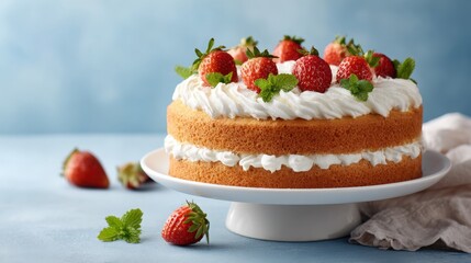 Two-Layer Cake with Strawberries and Cream on Cake Stand
