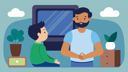 A public service announcement on TV featuring a father talking to his son about the importance of loving oneself and not succumbing to societal pressures in regards to body image.. Vector illustration