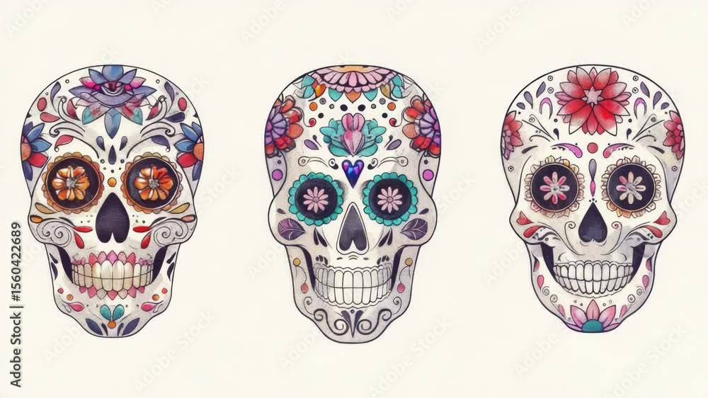 Aufkleber Three colorful sugar skulls with unique decorations and patterns