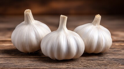 Obraz premium Harvesting healthy garlic fresh bulbs on a rustic wooden table for bakery ingredients