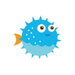 Cute cartoon blue puffer fish with big eyes and orange tail on white background