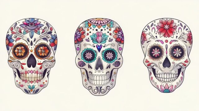 Three colorful sugar skulls with unique decorations and patterns