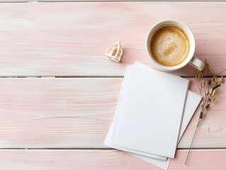 Warm cup of coffee with frothy foam and blank note papers on a pastel pink wooden surface, evoking calm and creativity