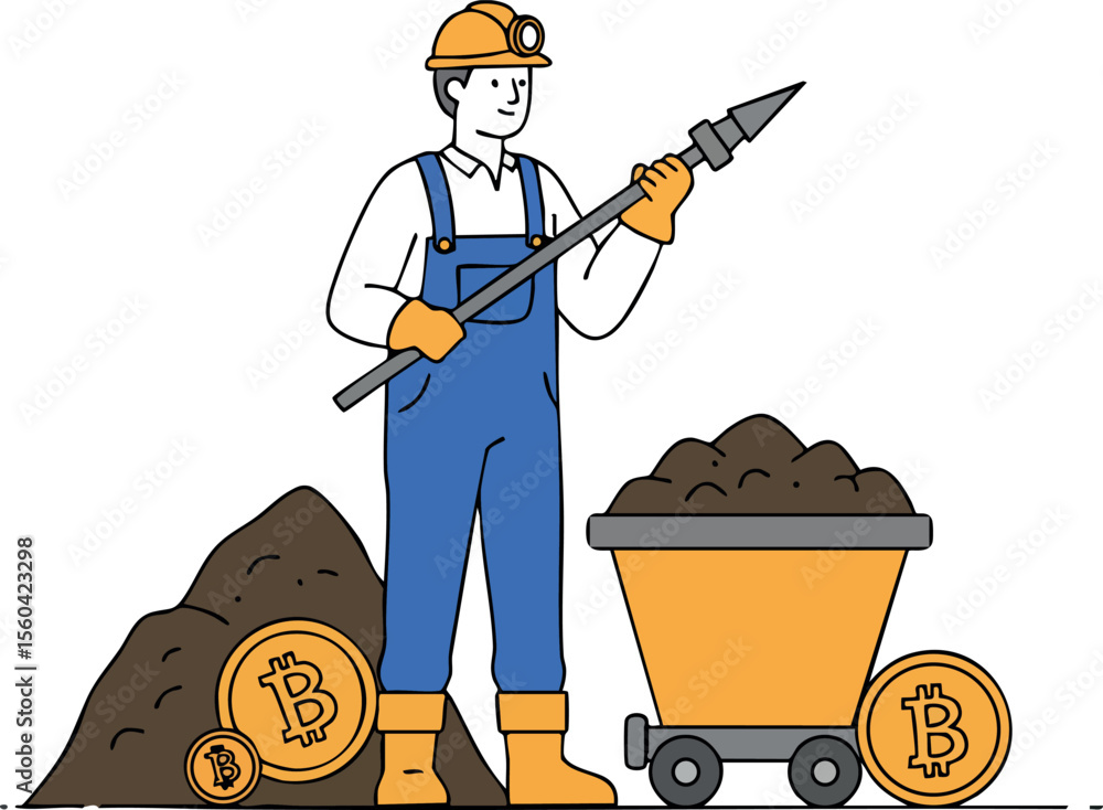 Poster bitcoin cryptocurrency miner holding pickaxe with mining cart and bitcoin coins in digital currency 