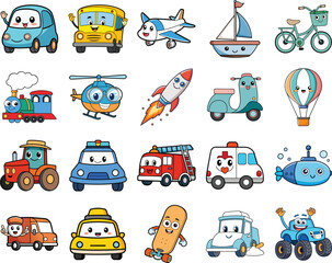Kawaii Cute Vehicles Vector Pack – Smiling Cartoon Transport Characters