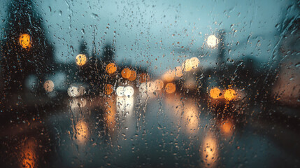 Rain drops on a window with a blurred city in the background during night time