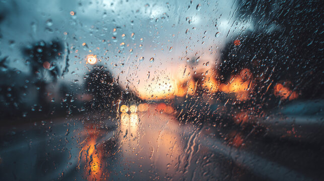 Rain drops on a window with a blurred city in the background during night time