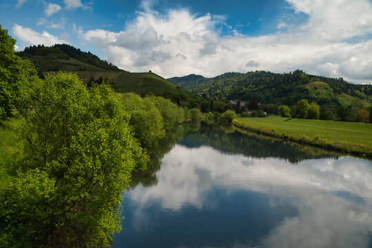 Photo taken on the bridge over the Kinzig River as it winds through the valley near the town of Gengenbach in Germany's Central Black Forest.