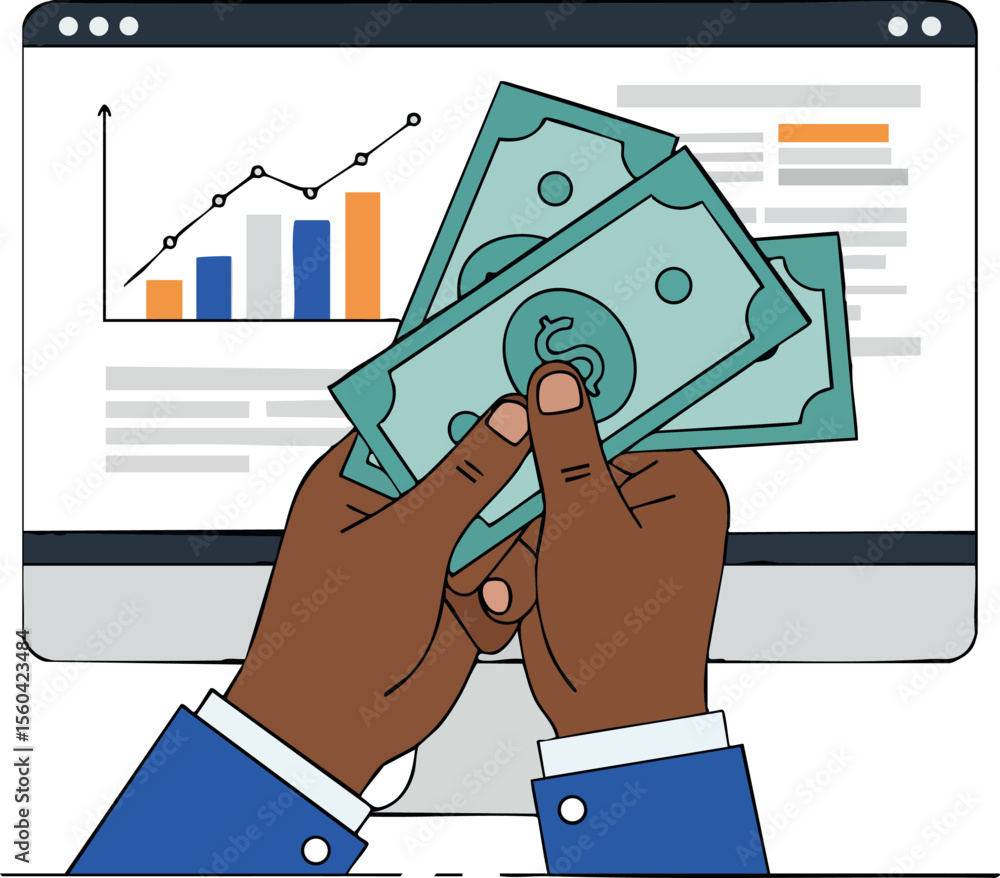 Poster hands holding money with financial data and growing bar graph on computer screen for investment conc