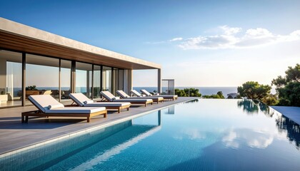 Fototapeta premium Modern Swimming Pool with Sun Loungers and Clear Water Surface