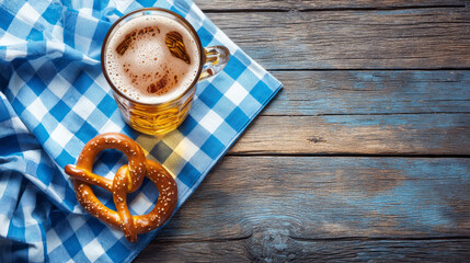 Beer glass and pretzel with blue white tablecloth on rustic wooden background. Oktoberfest concept