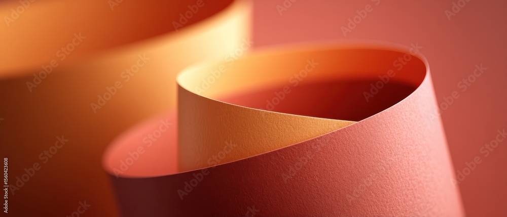Poster close-up of curved coral-colored paper sheets creating smooth, abstract shapes with soft lighting an