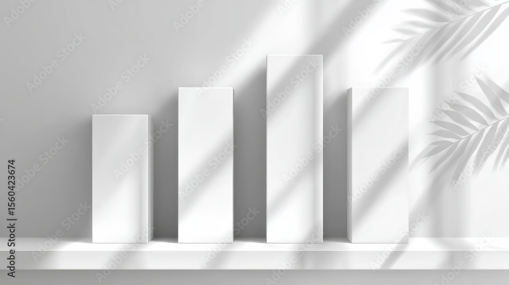 Poster minimalist white podiums of varying heights with soft natural shadows and palm leaf patterns on a cl