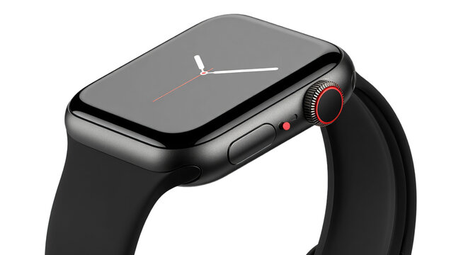 Sleek Dark Gray Smartwatch with Red Accents, Minimalist Clock Face, Modern Design