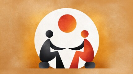 Two abstract human figures in black and red sit facing each other, sharing a connection under an orange circle within a white circular background on a textured orange backdrop.