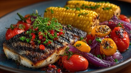 Grilled sea bream with pesto sauce served on a plate with asparagus and colorful cherry tomatoes for a delicious mediterranean diet