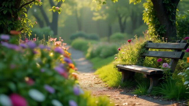 Serene garden pathway with vibrant flowers and a wooden bench in the morning light