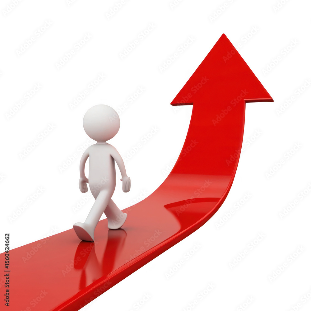 Poster 3d render person walking up red arrow isolated on transparent background