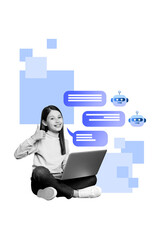Contemporary artwork collage of happy teenage schoolgirl show like gesture hold laptop robot...