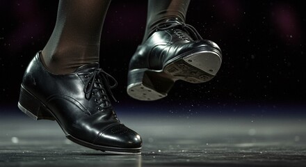 A pair of polished black tap shoes mid-performance, highlighting the artistry and rhythm of dance with dynamic motion.