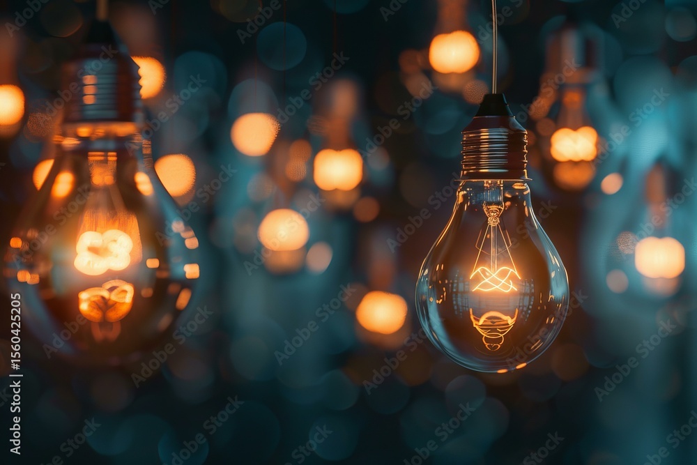 Poster light bulbs hanging and glowing in the dark, creating a warm bokeh effect