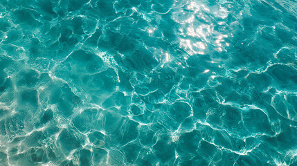 Top-down view of clear water surface with sunlight reflections, sparkling waves, natural texture, serene and refreshing scene, perfect for nature, background, or relaxation concept.