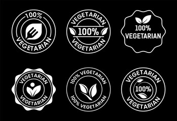 100 percent vegetarian icons set design, Vegan product label badge white on black background