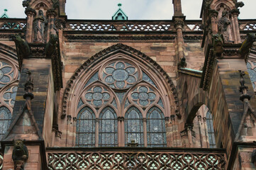 Obraz premium A detailed close-up of the facade of Strasbourg Cathedral, Notre-Dame Cathedral in Strasbourg, a masterpiece of Gothic art. 