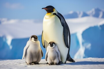 Obraz premium Emperor penguin family portrait with chicks standing together on ice floe in front of blue iceberg and snowy mountains