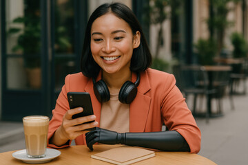 Smiling businesswoman with prosthetic arm using smartphone at cafe, enjoying coffee break