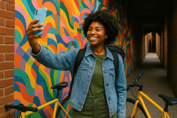 Smiling student taking selfie near her bicycle with colorful background