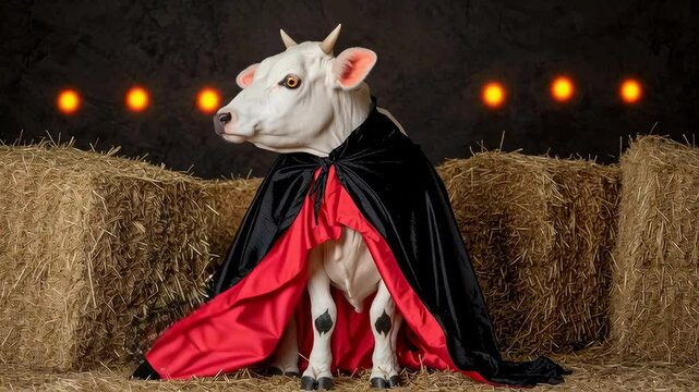 Halloween Playful Cow in Dramatic Red Cape on Hay Creates Whimsical Atmosphere