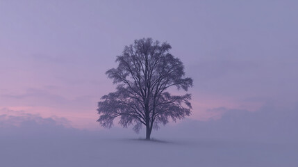 Solitary Tree in a Serene Fantasy Landscape with Misty Mountains