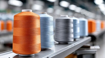 Brightly colored spools line the conveyor, showcasing the artistry in weaving sustainable yarns into high-quality textiles
