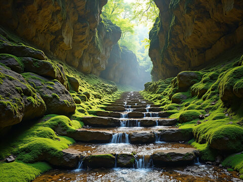 "A narrow ravine carved into soft sandstone, its floor lined with ancient stone steps now covered in thick green moss, a trickling stream flowing over them like a ribbon