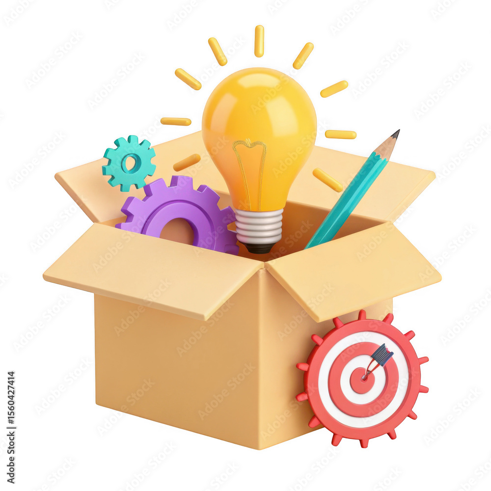 Poster 3d render idea box with lightbulb gears and target isolated on transparent background
