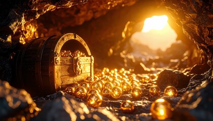 Mystical Treasure in Molten Cavern with Glowing Orbs and Sunlight