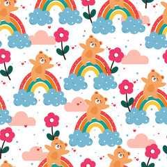 cute hand drawing cartoon bear with rainbow and clouds seamless pattern. cute animal pattern in white background for gift wrap paper and wallpaper