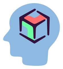 Human head with 3D cube inside and modeling. Cybernetic, artificial intelligence, measurement and dimensions, illustration